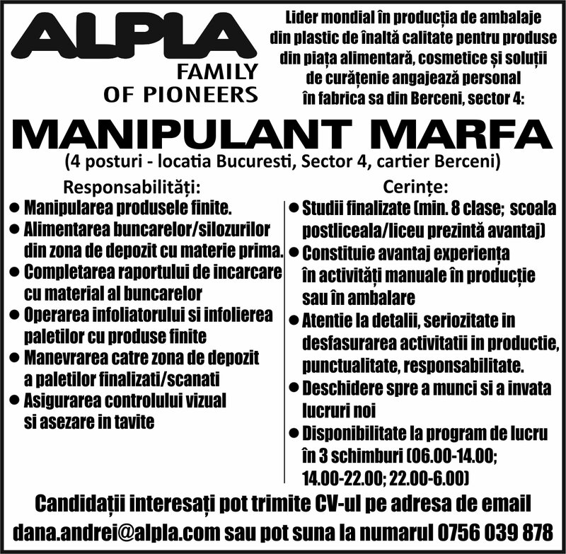 Manipulant marfuri productie - Bucuresti, Sector 4 (Berceni)